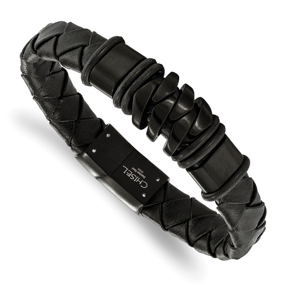 Chisel Stainless Steel Polished and Brushed Black IP-plated Black Woven Leather 8.25 inch Bracelet