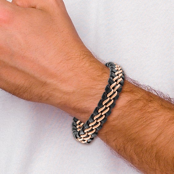 Chisel Stainless Steel Brushed Rose IP-plated Dark Brown Leather 8.5 inch Bracelet