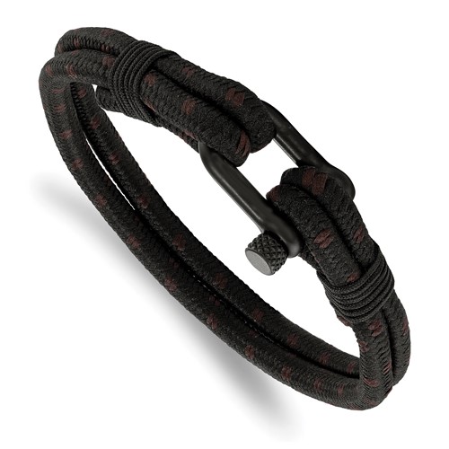 Chisel Stainless Steel Polished Black IP-plated Black Woven Nylon and Cotton Bracelet, 8.5"