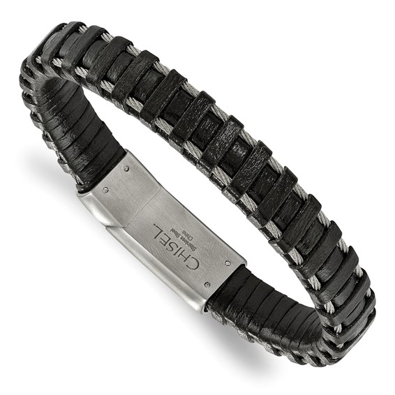 Chisel Stainless Steel Brushed Cable and Black Leather 8.5 inch Bracelet