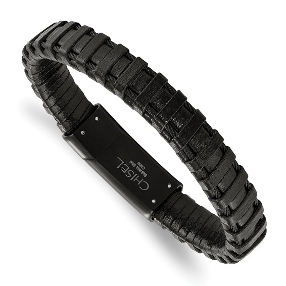 Chisel Stainless Steel Polished Black IP-plated Cable and Black Leather 8.5 inch Bracelet