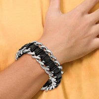 Chisel Stainless Steel Brushed and Polished Black Leather Bracelet, 9" view 2