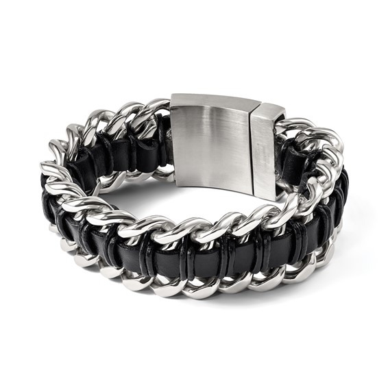 Chisel Stainless Steel Brushed and Polished Black Leather 9 inch Bracelet