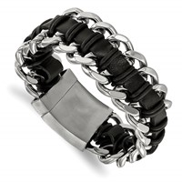 Chisel Stainless Steel Brushed and Polished Black Leather Bracelet, 9" view 1