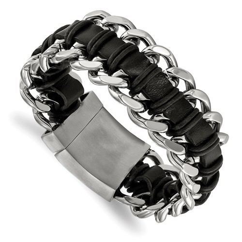 Chisel Stainless Steel Brushed and Polished Black Leather Bracelet, 9"