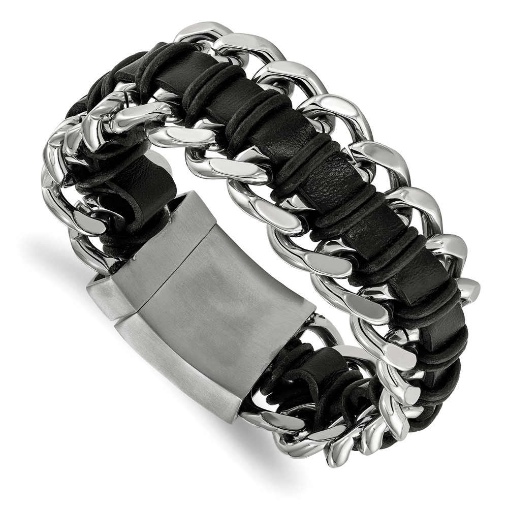 Stainless Steel Brushed and Polished Black Leather 9in Bracelet