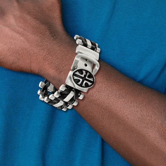 Chisel Stainless Steel Antiqued and Brushed Cross Buckle with Black Leather Adjustable Bracelet