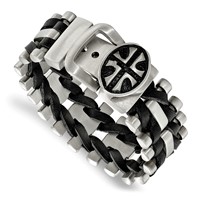Chisel Stainless Steel Antiqued and Brushed Cross Buckle Bracelet with Black Leather Adjustable view 1