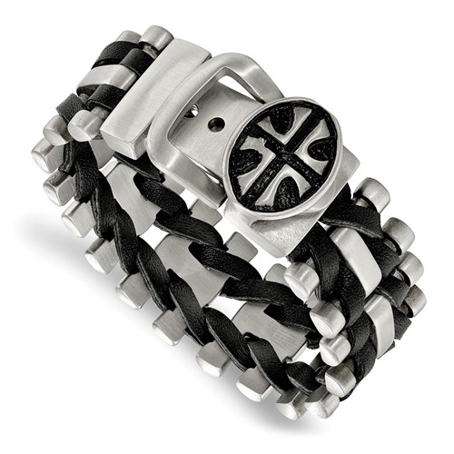 Chisel Stainless Steel Antiqued and Brushed Cross Buckle Bracelet with Black Leather Adjustable