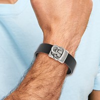 Stainless Steel Polished Black Leather Bracelet, 8.5" view 2