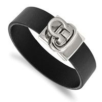 Stainless Steel Polished Black Leather Bracelet, 8.5" view 1