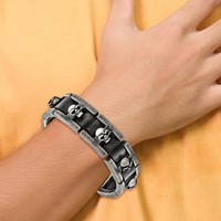 Chisel Stainless Steel Antiqued and Brushed Skulls Black Leather Link Bracelet, 9" view 2
