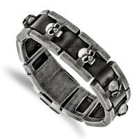 Chisel Stainless Steel Antiqued and Brushed Skulls Black Leather Link Bracelet, 9" view 1