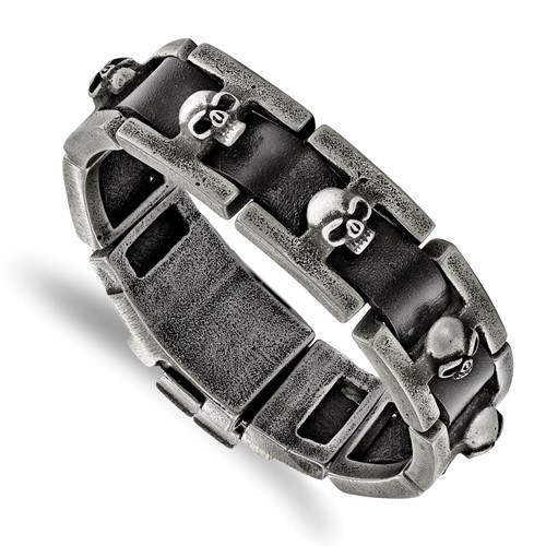 Chisel Stainless Steel Antiqued and Brushed Skulls Black Leather Link Bracelet, 9"