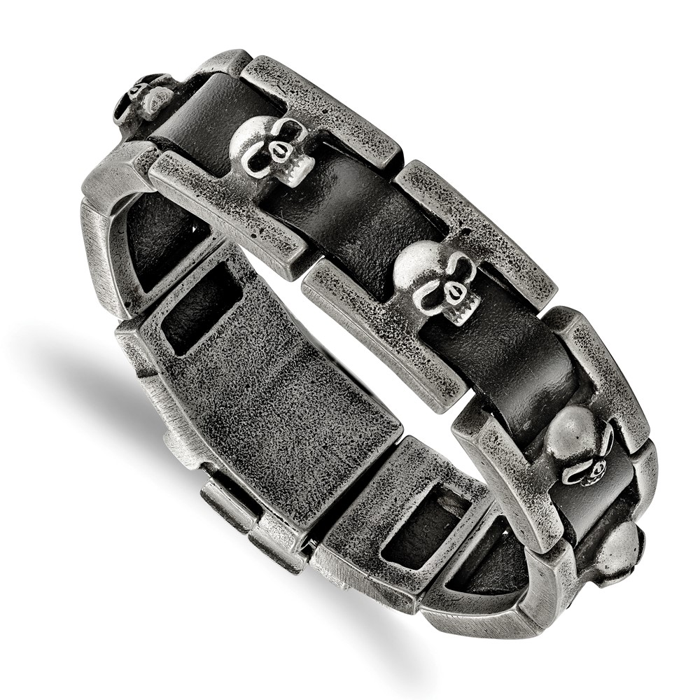 Stainless Steel Antiqued and Brushed Skull Black Leather 9in Bracelet