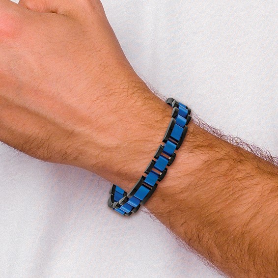 Chisel Stainless Steel Brushed and Polished Black and Blue IP-plated 8.75 inch Open Link Bracelet