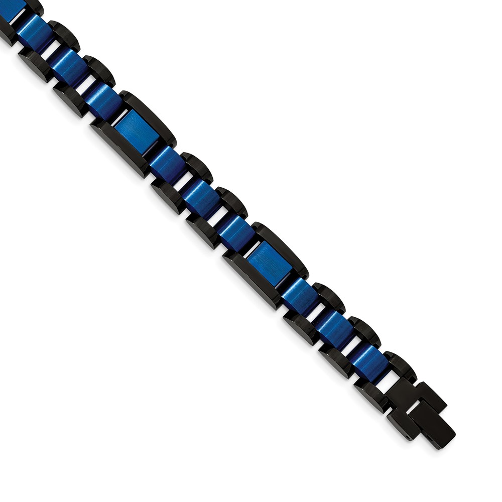 Stainless Steel Brushed & Polished Black & Blue IP-plated 8.75in Bracelet