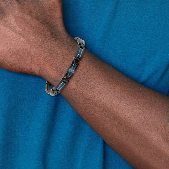 Chisel Stainless Steel Brushed and Polished Black and Blue IP-plated 8.5 inch Link Bracelet