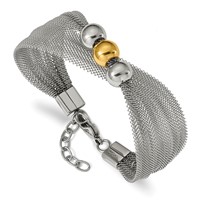 Stainless Steel Polished Yellow IP-plated Bead Mesh Bracelet with 1in Ext., 7" view 1