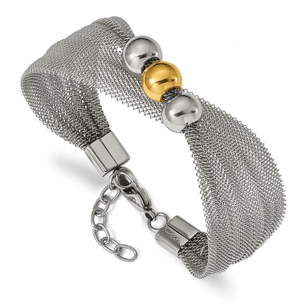 Stainless Steel Polished Yellow IP-plated Bead Mesh 7in w/1in ext. Bracelet