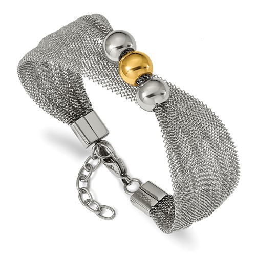 Stainless Steel Polished Yellow IP-plated Bead Mesh Bracelet with 1in Ext., 7"