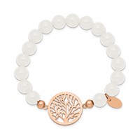 Chisel Stainless Steel Polished Rose IP-plated Tree of Life 8mm White Jade Beaded Stretch Bracelet view 2