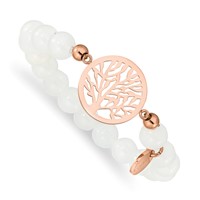 Chisel Stainless Steel Polished Rose IP-plated Tree of Life 8mm White Jade Beaded Stretch Bracelet view 1