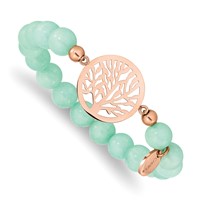 Chisel Stainless Steel Polished Rose IP-plated Tree of Life 8mm Green Dyed Jade Beaded Stretch Bracelet view 1