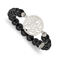 Chisel Stainless Steel Polished Tree of Life 8mm Black Agate Beaded Stretch Bracelet view 1