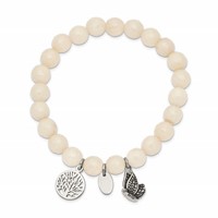 Chisel Stainless Steel Antiqued and Polished Butterfly and Tree of Life 8mm White Jade Beaded Stretch Bracelet view 2