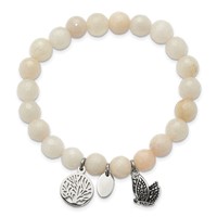 Chisel Stainless Steel Antiqued and Polished Butterfly and Tree of Life 8mm White Jade Beaded Stretch Bracelet view 4
