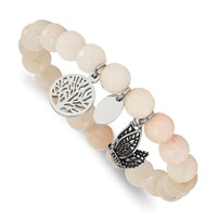 Chisel Stainless Steel Antiqued and Polished Butterfly and Tree of Life 8mm White Jade Beaded Stretch Bracelet view 1