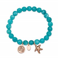Chisel Stainless Steel Antiqued and Polished Rose IP-plated Starfish and Tree of Life 8mm Aqua Dyed Jade Beaded Stretch Bracelet view 2