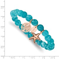 Chisel Stainless Steel Antiqued and Polished Rose IP-plated Starfish and Tree of Life 8mm Aqua Dyed Jade Beaded Stretch Bracelet view 3