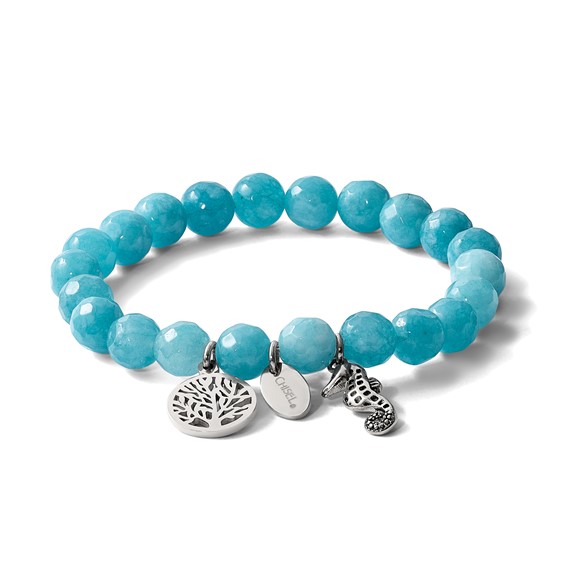Chisel Stainless Steel Antiqued and Polished Seahorse and Tree of Life 8mm Blue Dyed Jade Beaded Stretch Bracelet