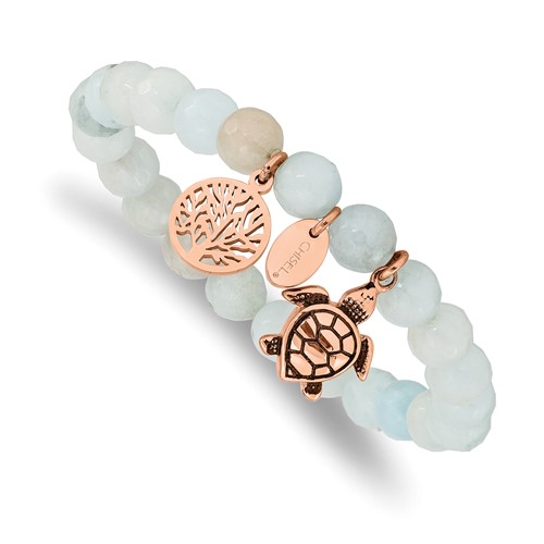 Chisel Stainless Steel Antiqued and Polished Rose IP-plated 8mm Blue Grey Dyed Jade Beaded Stretch Bracelet