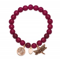 Chisel Stainless Steel Antiqued and Polished Rose IP-plated Dragonfly and Tree of Life 8mm Pink Dyed Jade Beaded Stretch Bracelet view 2