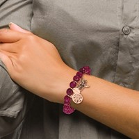 Chisel Stainless Steel Antiqued and Polished Rose IP-plated Dragonfly and Tree of Life 8mm Pink Dyed Jade Beaded Stretch Bracelet view 4