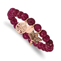 Chisel Stainless Steel Antiqued and Polished Rose IP-plated Dragonfly and Tree of Life 8mm Pink Dyed Jade Beaded Stretch Bracelet view 1