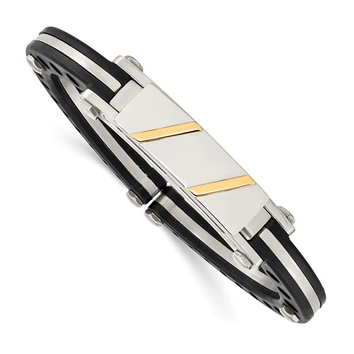 Chisel Stainless Steel Polished Bangle with Black Pvc and 14K Gold Inlay Hinged