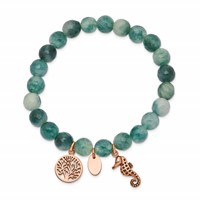 Chisel Stainless Steel Antiqued and Polished Rose IP-plated Seahorse and Tree of Life 8mm Green Dyed Jade Beaded Stretch Bracelet view 2