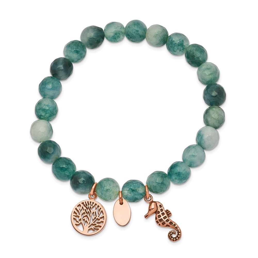 Stainless Steel Rose Gold Seahorse & Tree of Life Charm Green Jade Stretch Bracelet Stainless Steel Rose Gold Seahorse & Tree of Life Charm Green Jade Stretch Bracelet
