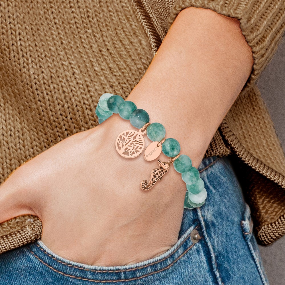 Stainless Steel Rose Gold Seahorse & Tree of Life Charm Green Jade Stretch Bracelet Stainless Steel Rose Gold Seahorse & Tree of Life Charm Green Jade Stretch Bracelet