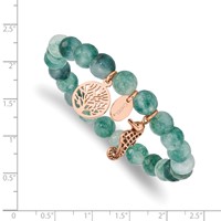 Chisel Stainless Steel Antiqued and Polished Rose IP-plated Seahorse and Tree of Life 8mm Green Dyed Jade Beaded Stretch Bracelet view 3