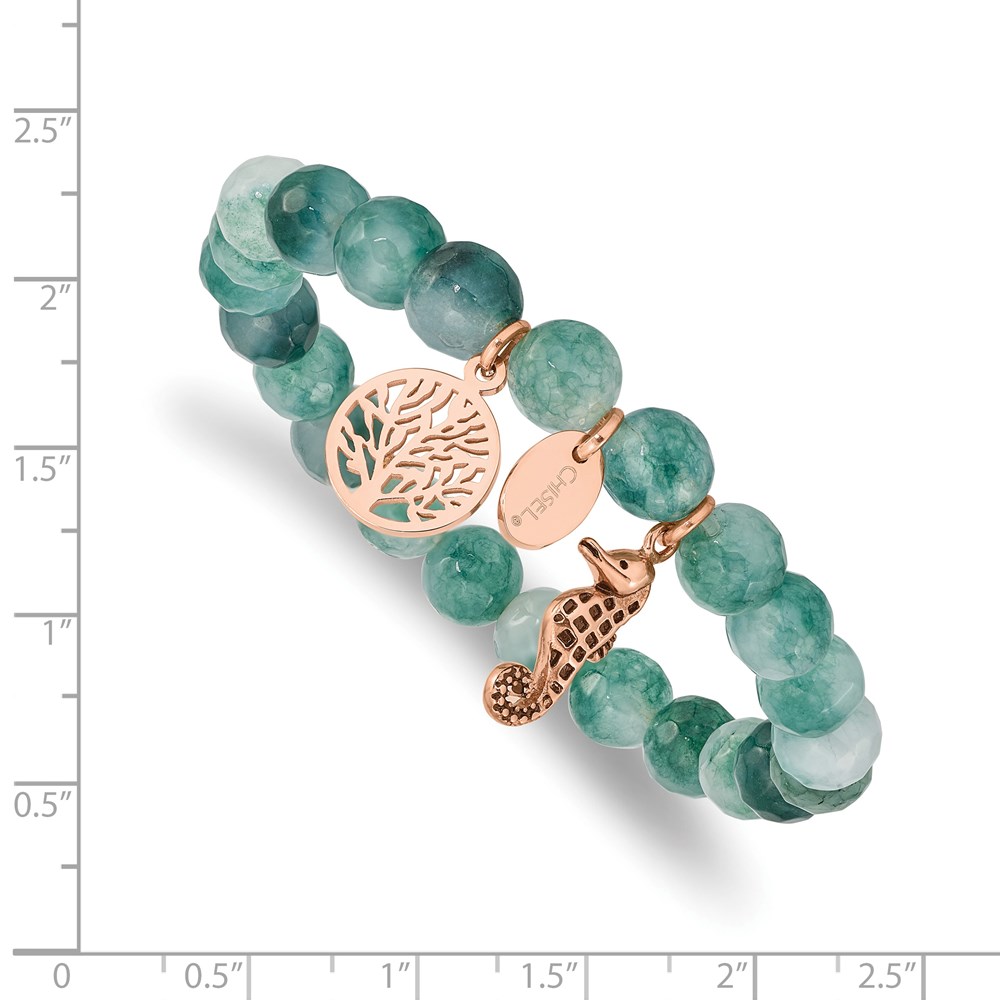 Stainless Steel Rose Gold Seahorse & Tree of Life Charm Green Jade Stretch Bracelet Stainless Steel Rose Gold Seahorse & Tree of Life Charm Green Jade Stretch Bracelet