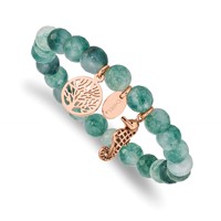 Chisel Stainless Steel Antiqued and Polished Rose IP-plated Seahorse and Tree of Life 8mm Green Dyed Jade Beaded Stretch Bracelet view 1