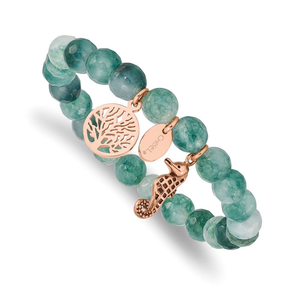 Stainless Steel Rose Gold Seahorse & Tree of Life Charm Green Jade Stretch Bracelet Stainless Steel Rose Gold Seahorse & Tree of Life Charm Green Jade Stretch Bracelet
