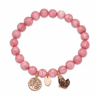 Chisel Stainless Steel Antiqued and Polish Rose IP-plated Butterfly and Tree of Life 8mm Pink Dyed Jade Beaded Stretch Bracelet view 2