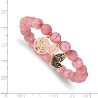 Chisel Stainless Steel Antiqued and Polish Rose IP-plated Butterfly and Tree of Life 8mm Pink Dyed Jade Beaded Stretch Bracelet view 3