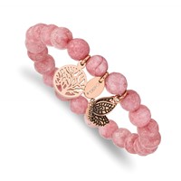 Chisel Stainless Steel Antiqued and Polish Rose IP-plated Butterfly and Tree of Life 8mm Pink Dyed Jade Beaded Stretch Bracelet view 1